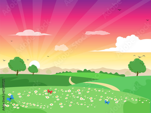 beautiful sunrise landscape green trees flower butterflies vector
