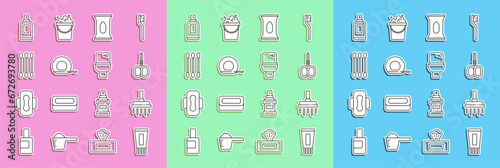 Set line Tube of toothpaste, Shower head, Nail scissors, Wet wipe pack, Dental floss, Cotton swab for ears, Bottle cleaning agent and Toilet bowl icon. Vector