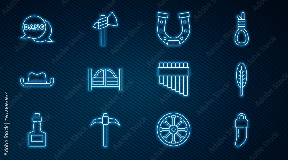 Set line Tooth, Indian feather, Horseshoe, Saloon door, Western cowboy hat, Bang boom, gun Comic, Pan flute and Tomahawk axe icon. Vector Set line Tooth, Indian feather, Horseshoe, Saloon door, Western cowboy hat, Bang boom, gun Comic, Pan flute and Tomahawk axe icon. Vector