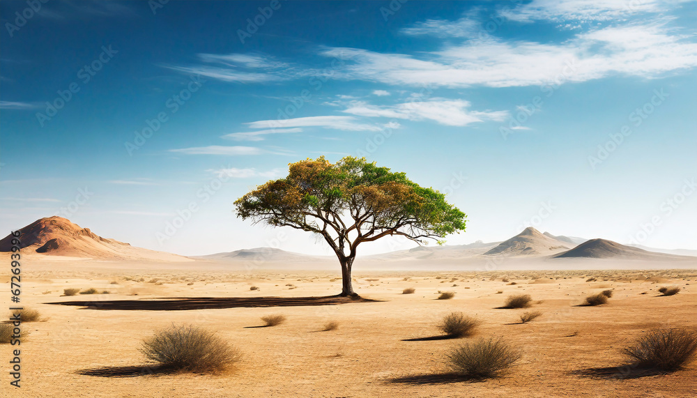 Minimalism. A lone giant tree in a vast, empty desert landscape.