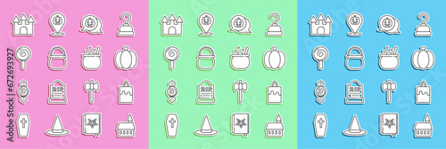 Set line Castle, Burning candle, Pumpkin, Halloween witch cauldron, Lollipop, and icon. Vector