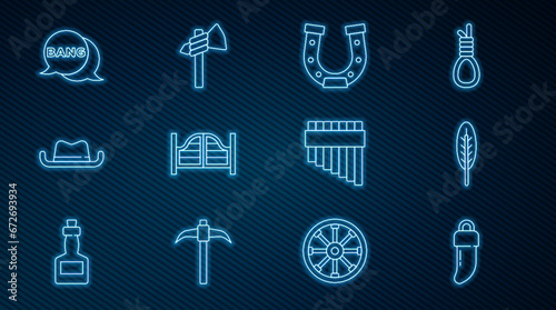 Set line Tooth  Indian feather  Horseshoe  Saloon door  Western cowboy hat  Bang boom  gun Comic  Pan flute and Tomahawk axe icon. Vector