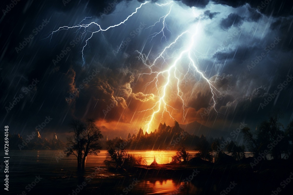 Enchanting celestial lightning brightens the enigmatic evening. Generative AI - obrazy, fototapety, plakaty 