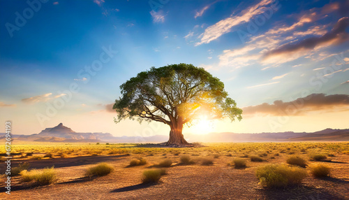 Minimalism. A lone giant tree in a vast  empty desert landscape.