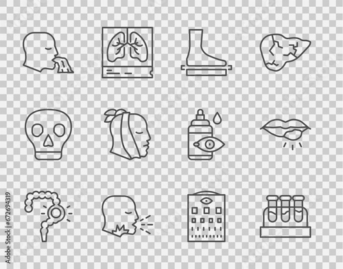 Set line Gut constipation, Test tube with blood, Flat foot, Man coughing, Vomiting man, Toothache, Eye test chart and Herpes lip icon. Vector