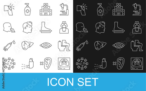 Set line Lungs x-ray, Constipation, Nurse, Medical hospital building, High human body temperature, Vomiting, Joint pain, knee pain and Flat foot icon. Vector