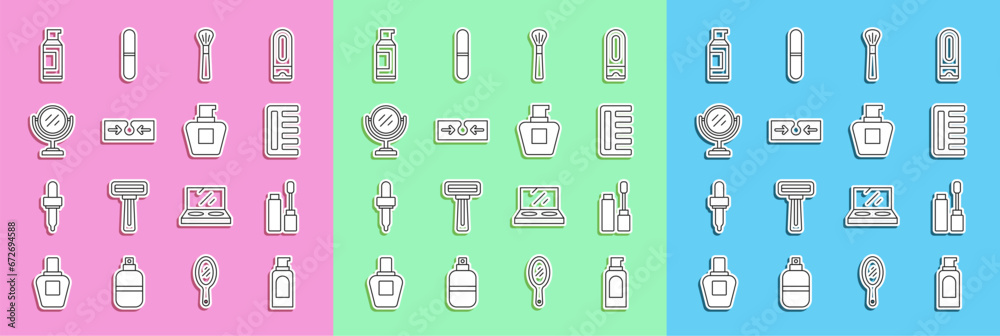 Set line Spray can for hairspray, Mascara brush, Hairbrush, Makeup, Acne, Round makeup mirror, and Cream lotion cosmetic tube icon. Vector Set line Spray can for hairspray, Mascara brush, Hairbrush, Makeup, Acne, Round makeup mirror, and Cream lotion cosmetic tube icon. Vector