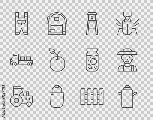 Set line Tractor, Can container for milk, Water tower, Bucket, Garden worker clothes, Apple, fence wooden and Farmer hat icon. Vector