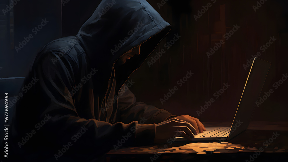 A hacker is using his laptop to hack into the data of an unspecified number of people. Information security for individuals and companies is a very important social issue. Generative AI A hacker is using his laptop to hack into the data of an unspecified number of people. Information security for individuals and companies is a very important social issue. Generative AI