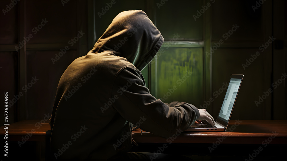 A hacker is using his laptop to hack into the data of an unspecified number of people. Information security for individuals and companies is a very important social issue. Generative AI A hacker is using his laptop to hack into the data of an unspecified number of people. Information security for individuals and companies is a very important social issue. Generative AI