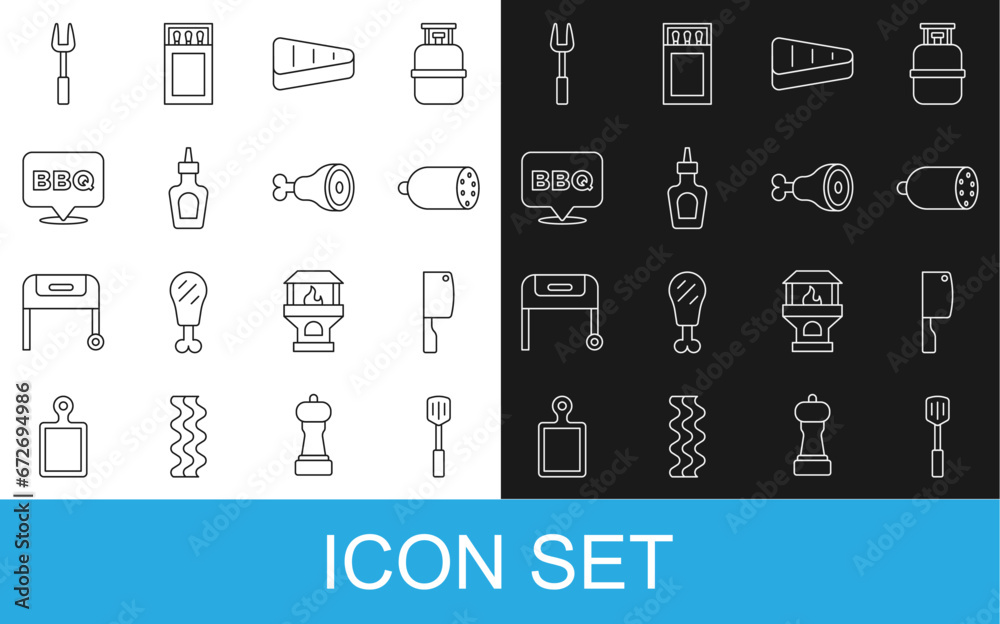 Set line Barbecue spatula, Meat chopper, Salami sausage, Steak meat, Sauce bottle, fork and Chicken leg icon. Vector