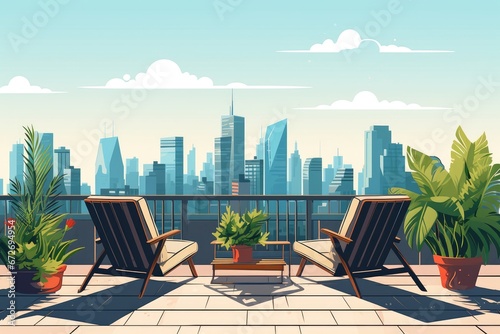 Illustration rooftop garden with plants and lounge chairsin in a metropolitan city.