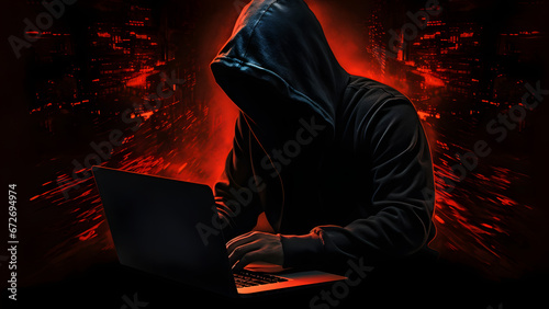 A hacker is using his laptop to hack into the data of an unspecified number of people. Information security for individuals and companies is a very important social issue. Generative AI