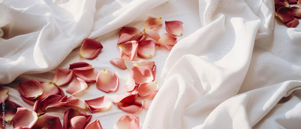 Beige silk bed sheet with flowers, roses petals. Valentines Day.Top view, flat lay. Satin fabric background. Female romantic mockup. Morning relax leisure. Hotels bedroom.Generative ai. Beige silk bed sheet with flowers, roses petals. Valentines Day.Top view, flat lay. Satin fabric background. Female romantic mockup. Morning relax leisure. Hotels bedroom.Generative ai.