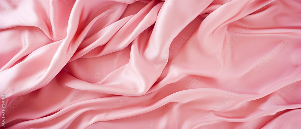 Pink silk bedsheet. Top view, flat lay. Satin fabric background. Female romantic mockup. Morning relax leisure. Hotels bedroom.Generative ai. Pink silk bedsheet. Top view, flat lay. Satin fabric background. Female romantic mockup. Morning relax leisure. Hotels bedroom.Generative ai.