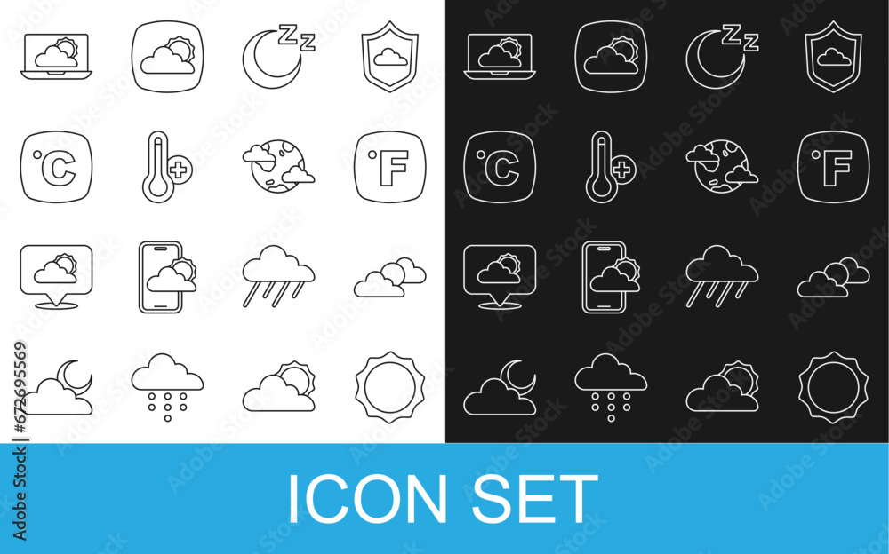 Set line Sun, and cloud weather, Fahrenheit, Time to sleep, Meteorology thermometer, Celsius, Weather forecast and Earth planet with clouds icon. Vector Set line Sun, and cloud weather, Fahrenheit, Time to sleep, Meteorology thermometer, Celsius, Weather forecast and Earth planet with clouds icon. Vector