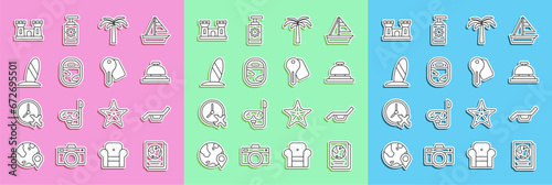 Set line Passport, Sunbed and umbrella, Hotel service bell, Tropical palm tree, Airplane window, Surfboard, Sand castle and door lock key icon. Vector
