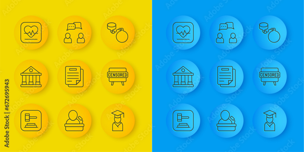 Set line Judge gavel, Courthouse building, Document, Graduate and graduation cap, Censored stamp, Heart rate, Ball chain and Speech bubble chat icon. Vector