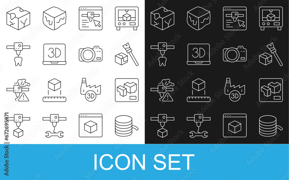 Set line Filament for 3D printer, Isometric cube, setting, tooth, and Photo camera icon. Vector
