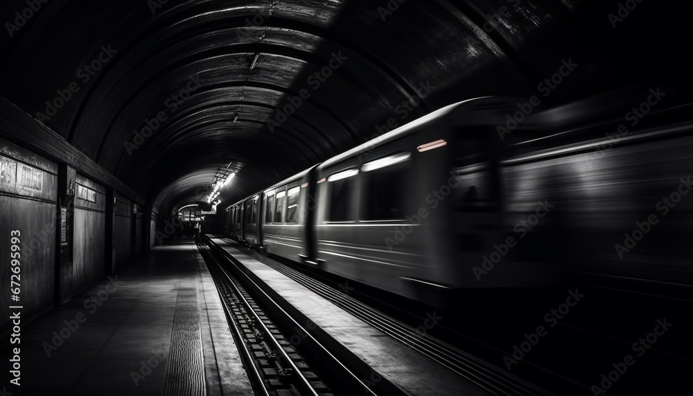 Inside the modern subway train, leaving the dark tunnel generated by AI - obrazy, fototapety, plakaty 