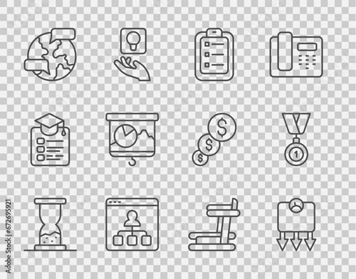 Set line Old hourglass with sand, Weight loss, To do list or planning, Online education, Worldwide, Chalkboard chart, Treadmill machine and Medal icon. Vector