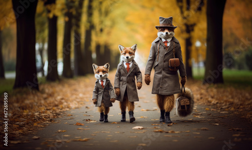 une famille renard bien habillée marche sur le chemin de l'école, personnages anthropomorphes