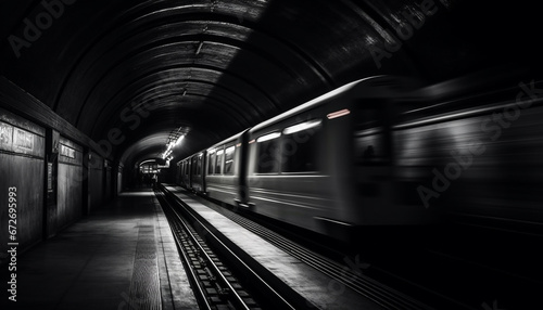 Inside the modern subway train, leaving the dark tunnel generated by AI photo