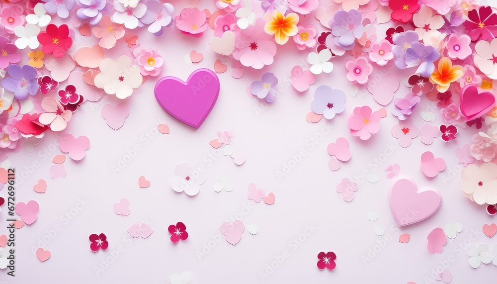 Cute and Colorful Valentine Background with Hearts,  Pretty Flowers, and Abundant Copy Space, Flat Lay, Valentine's Day