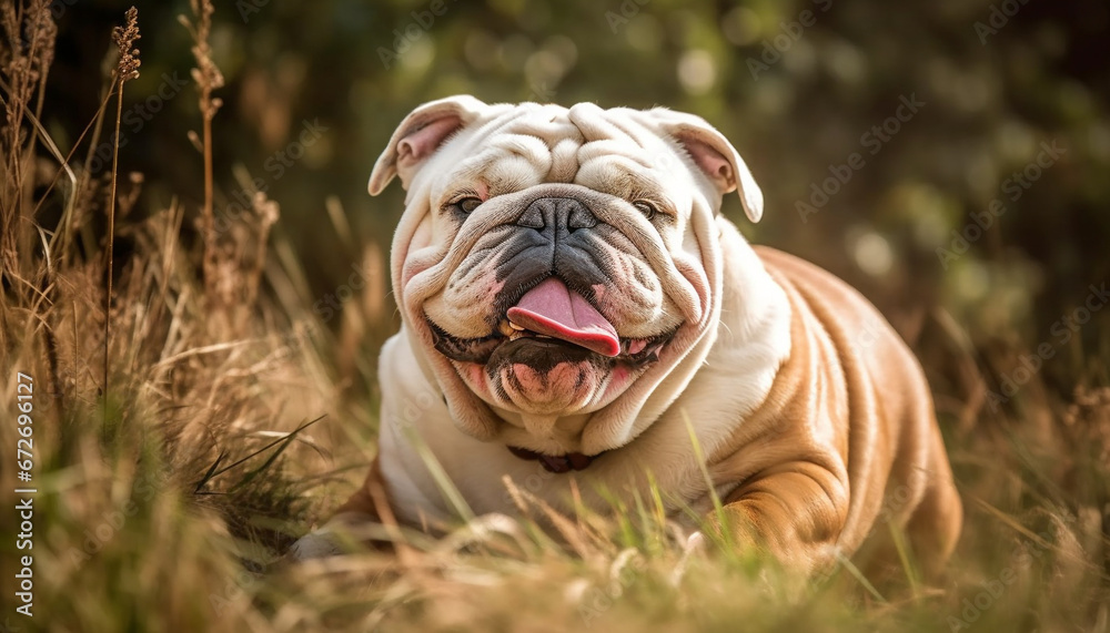Cute bulldog puppy sitting in grass, playful and pampered generated by AI Cute bulldog puppy sitting in grass, playful and pampered generated by AI