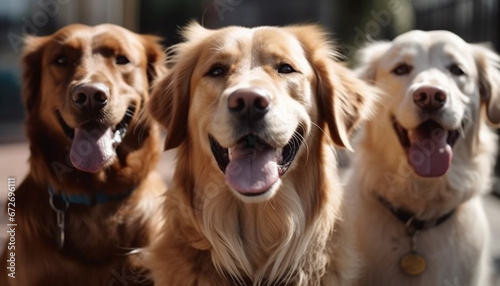 Three playful pets  a labrador  hound  and golden retriever  smiling generated by AI