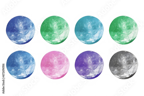 Set of watercolor colorful planets isolated on white background. Neural network AI generated art
