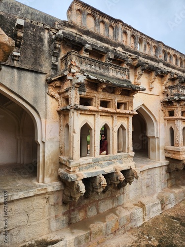 Hampi, Karnataka India - July 24 2023: Ruins of Queen's bath in the ancient royal enclave at Hampi.