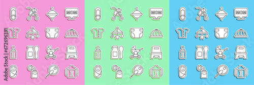 Set line Baby bottle, potty, hat, Whirligig toy, crib hanging toys, t-shirt, clothes pin and diaper icon. Vector
