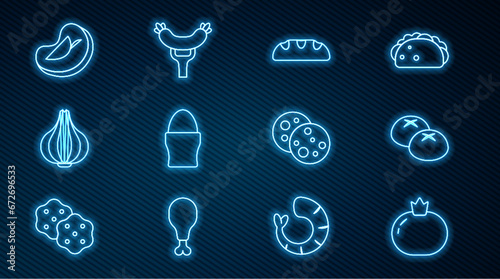 Set line Tomato, Bread loaf, Chicken egg on stand, Garlic, Steak meat, Cookie with chocolate and Sausage the fork icon. Vector