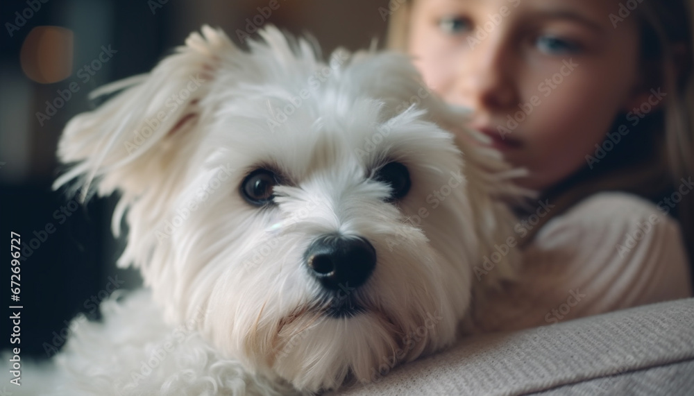 A cheerful girl sitting with a playful puppy, pure happiness generated by AI A cheerful girl sitting with a playful puppy, pure happiness generated by AI