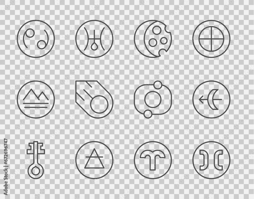 Set line Old magic key, Pisces zodiac, Eclipse of the sun, Air element, Cancer, Comet, Aries and Sagittarius icon. Vector