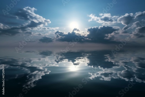 Reflection of full moon above clouds on water surface. Generative AI
