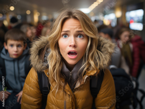 Close up portrait of a shocked and disbelieving blonde girl's face in the crowd photo