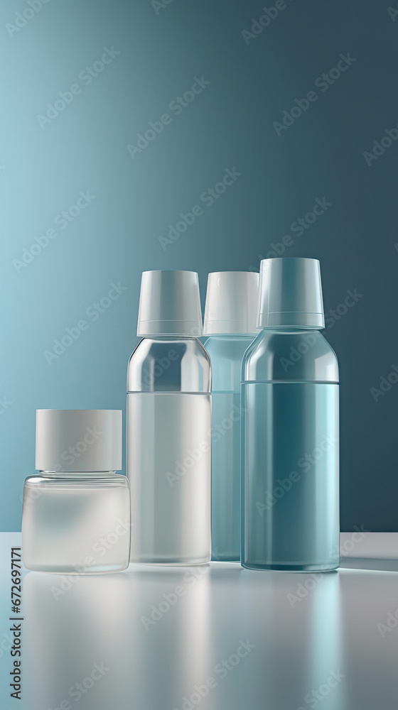 set of bottles products isolated 3d rendering on blue background. set of bottles products isolated 3d rendering on blue background.