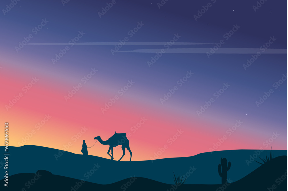 desert background sunset man going with camel vector