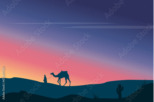 desert background sunset man going with camel vector