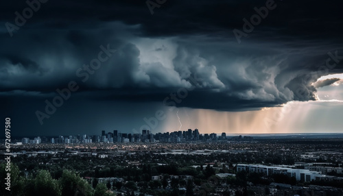 A dramatic summer thunderstorm electrifies the modern city skyline generated by AI