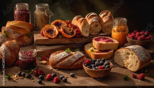 A rustic blueberry sandwich variation on a wooden table indulgence generated by AI