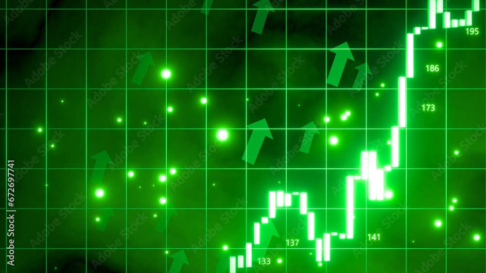 Template, Empty, 3D illustration of a bullish market featuring glow green trading candles and up arrows, vibrant glowing green background, financial growth and market prosperity. 4K,