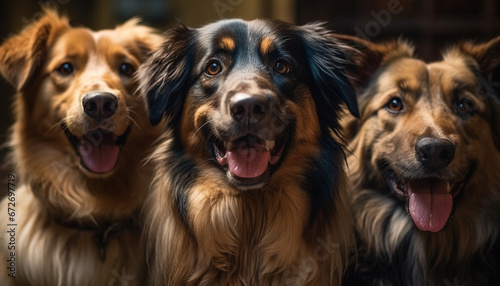 Playful purebred puppies sit in a row, tongues out, smiling generated by AI