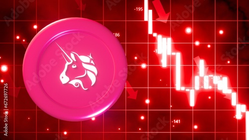 uni, Uniswap, 3D illustration of a bearish market with glow red trading candles and down arrows, vivid  glowing red background, financial loss and market decline. 4k image photo