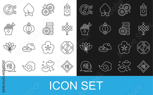 Set line Chinese New Year, Yin Yang symbol, paper lantern, Yuan currency, Asian noodles bowl, and icon. Vector