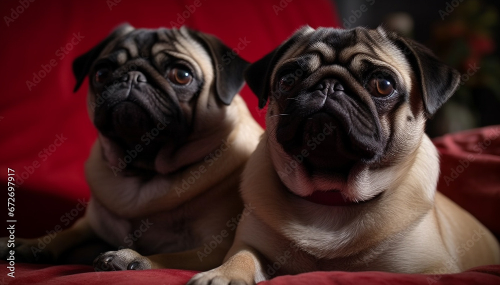 Two playful puppies sitting on bed, looking at camera happily generated by AI
