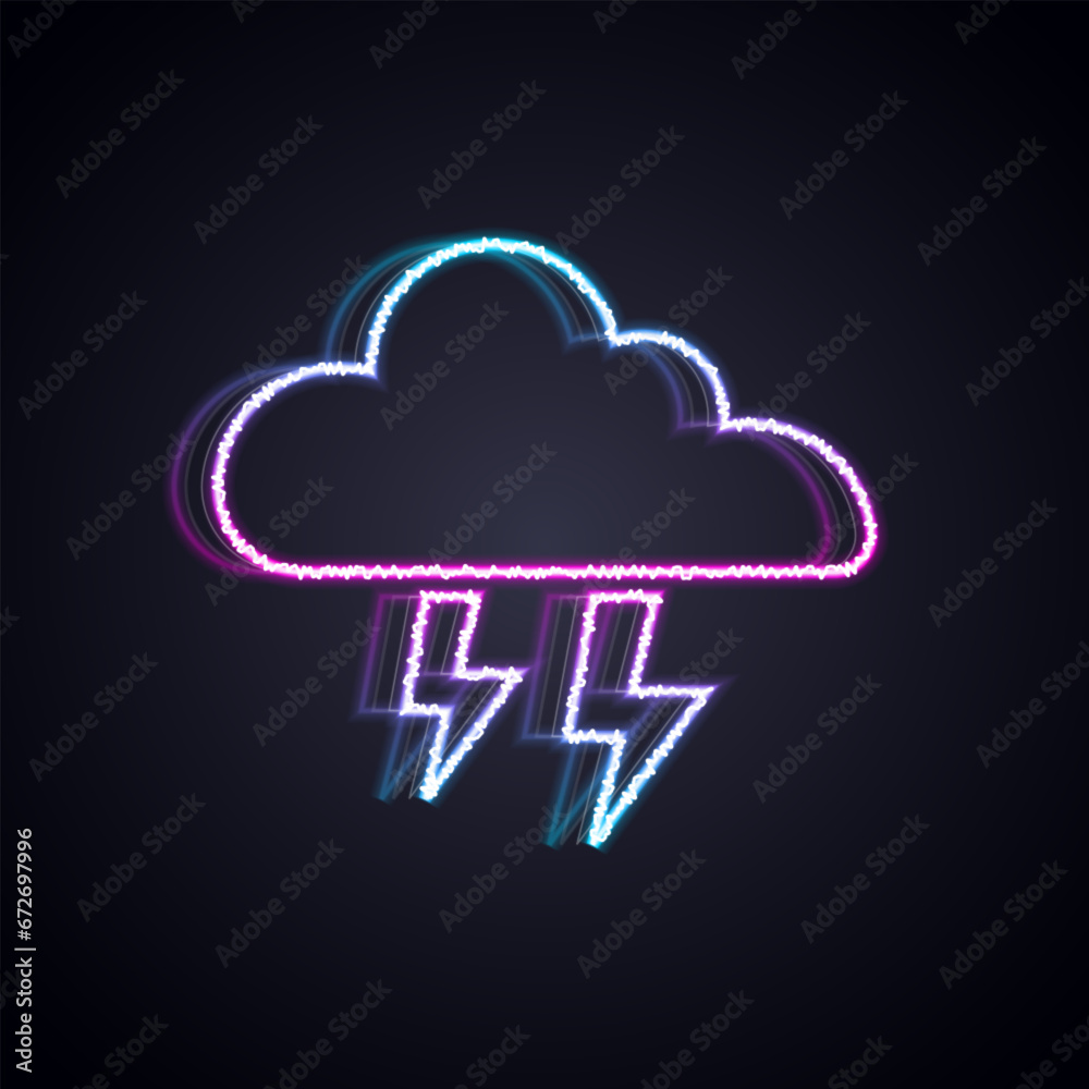Glowing neon line Storm icon isolated on black background. Cloud and lightning sign. Weather icon of storm. Vector