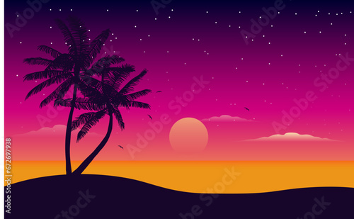 sunset on the beach with stars in the sky